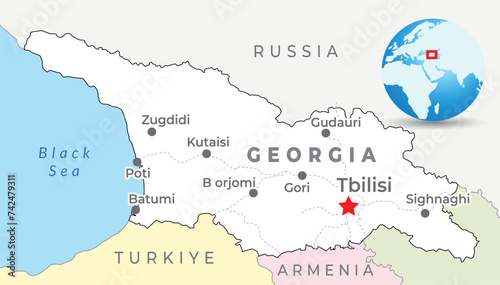 Georgia map with capital Tbilisi, most important cities and national borders