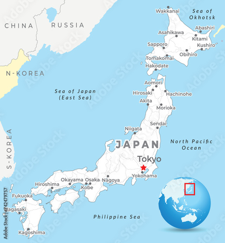 Japan map with capital Tokyo, most important cities and national borders