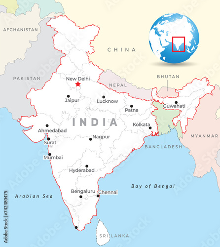 India map with capital New Delhi, most important cities and national borders