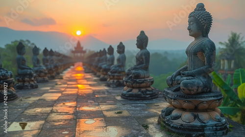 Ancient stone faces at sunset of Bayon temple, Angkor Wat, Siem reap, Cambodia.