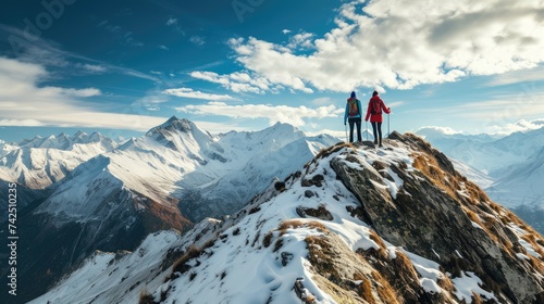 Alpine Odyssey: Eastern European Couple Ventures into Winter Adventure, Trekking Along Rugged Ridges with Snowy Peaks Painting the Breathtaking Backdrop. 