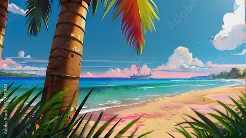 Turquoise waters lap at soft sand beneath swaying palm trees on a tropical island paradise☀️, anime wallpaper 4k background, summer season, Generative ai