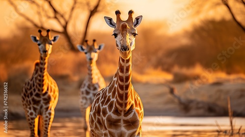 Vertical landscape with herds of Giraffes and group of antelopes in the natural habitat, view of wildlife in savannah of Africa. Wild African animals on a waterhole in Namibia.