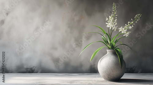 Minimalist vase with elegant white flowers against a textured grey wall, perfect for modern home decor themes