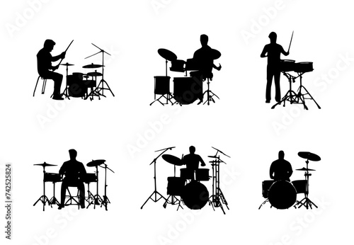 set of drummer silhouettes on isolated background