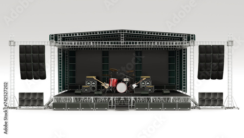 Stage for a rock concert, with metal structures and instruments, 3d rendering