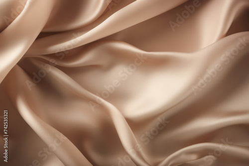 Processed collage of smooth wavy beige light brown satin silk cloth fabric texture. Background