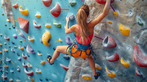 Full length of a japanese female climber bouldering on an artificial wall to climb along the designated route in an indoor clibming gym.Sports Climbing Helps in Decision 