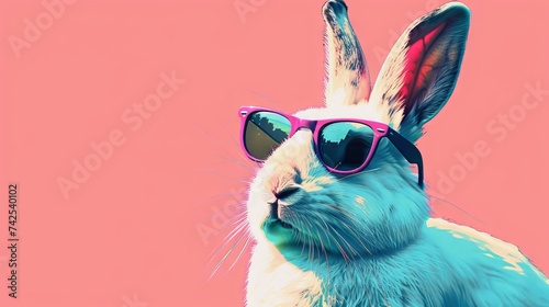 Cool white rabbit in sunglasses on vibrant background. Abstract summer clip-art for creative design projects.
