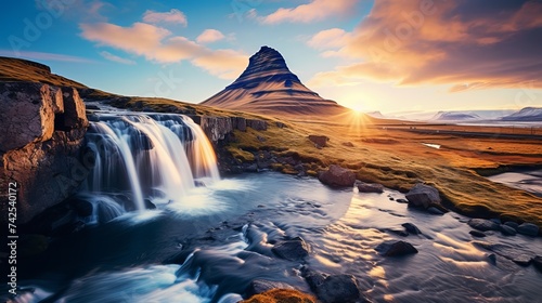 Fantastic evening with Kirkjufell volcano the coast of Snaefellsnes peninsula. Picturesque and gorgeous morning scene. Location famous place Kirkjufellsfoss waterfall, Iceland, Europe. Beauty world