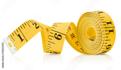 yellow sewing measuring tape on white isolated background