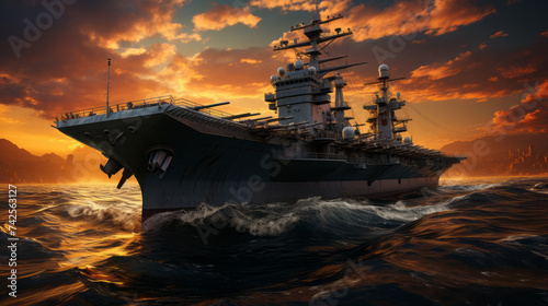 Warship Battles on the High Seas: A Military Navy's Vessel Fleet in Action at Sunset, generative AI
