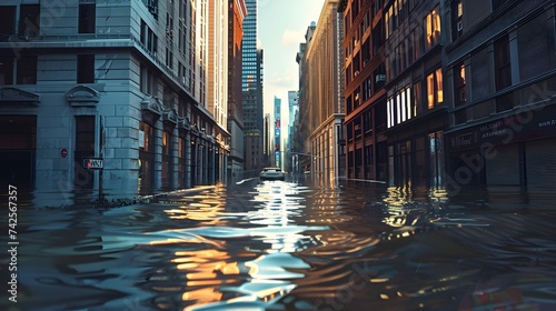 city street flooded with water. flooded landscape concept.