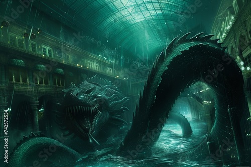 Leviathan serpent twisting through an undersea city made of glass
