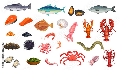 Cartoon seafood and fish, vector food. Shrimp, lobster and crab, oyster and shellfish, squid, octopus and crayfish, scallop, mussel and caviar. Sea cucumber, tuna, eel, trout and prawn seaweed, urchin