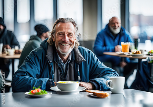 A homeless smiling middle-aged man sits at a table in a shelter and has lunch. Caring for homeless people