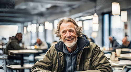 A homeless smiling middle-aged man sits at a table in a shelter and has lunch. Caring for homeless people