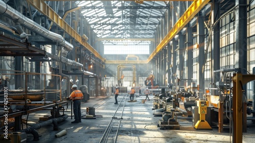 Inside a heavy engineering factory with industrial workers using angle grinders and metal pipe cutters. Contractors produce safety suits and hard hats. metal structure