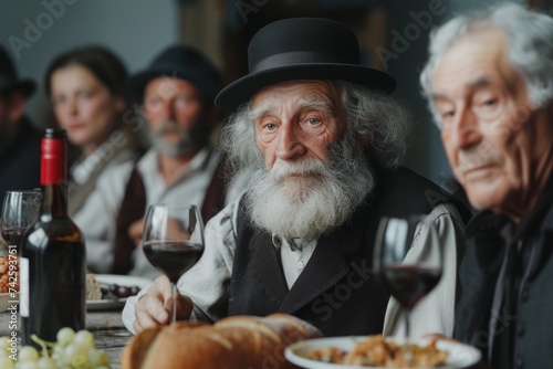 Contemplative Senior Man at Jewish Passover Seder Dinner with Family