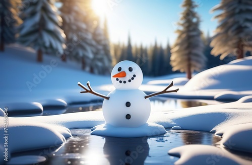 Illustration of a cute Melting snowman who is melting in puddles, snowdrifts are melting around, puddles, trees without leaves, forest, the bright spring sun is shining