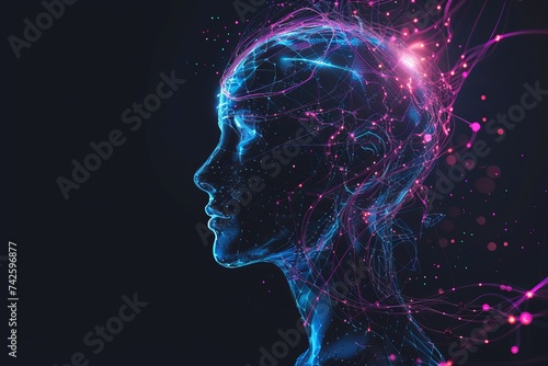 AI Brain Chip effects. Artificial Intelligence visual human slits mind circuit board. Neuronal network brain computer interface application smart computer processor pharmacy informatics