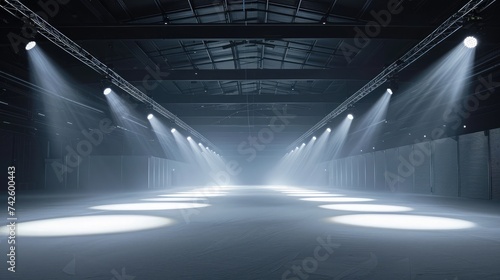 Empty ice rink illuminated by spotlights