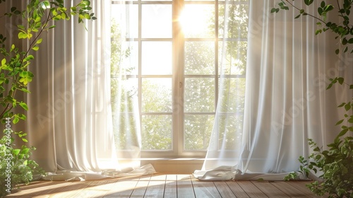 Bright morning sun in the open window through the curtains