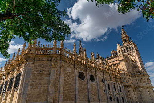 Seville cathedral Giralda tower from Alcazar of Sevilla Andalusia Spain