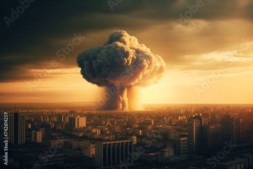 Nuclear bomb explosion in modern big city megapolis with skyscrapers, nuclear war concept