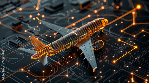 Futuristic Computer Chips connected with glowing dada highway network connections laying on a glossy black plane with circuit board 