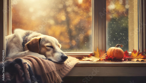 A dreaming mixed breed dog sleeping on a cozy warm window sill in autumn