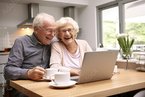 Elderly couple enjoying their time together, using a laptop computer. Technology use among seniors concept.