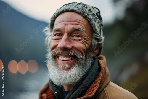 Happy older bearded man standing in nature park outdoors and laughing. Smiling active mature senior traveler looking at camera advertising camping tourism. Close up face front, Generative AI