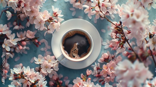 a coffee cup surrounded by blooming cherry blossoms, capturing the essence of spring