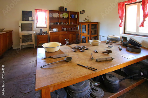 Vintage kitchen in the Alice Springs Telegraph Station Historical Reserve in the Red Centre of Australia, connecting Darwin to Adelaide via the Overland Telegraph Line