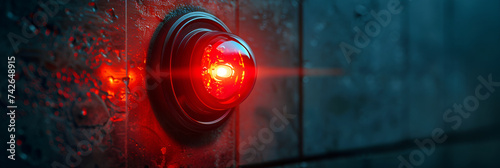 One single simple red alert alarm light on a concrete wall red and blue blurred background