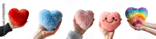 Pink, red, blue, rainbow, and lgbt plush hearts collection with a soft pillow in heart shape, Isolated on Transparent Background, PNG