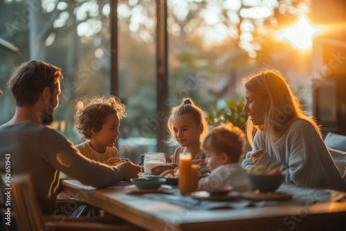 Una familia feliz comiendo junta. Familia sonriente sentada en la mesa del comedor durante la cena.