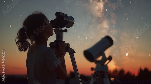 A young aspiring astronomer peers through a telescope at the twilight sky, exploring the vastness and beauty of the universe.