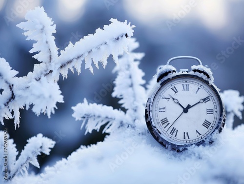 Un reloj marcando la hora en la nieve, cambio de hora, invierno,