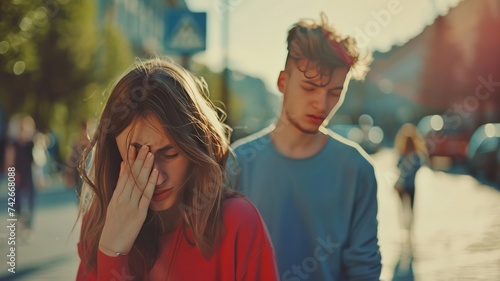 Breakup and depressed, young quarrel couple love hand cover face