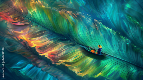 Boatman floating inside a multicolored sheet, abstract.