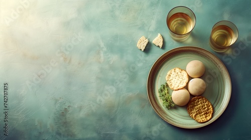 Seder plate with matzah and wine glasses, ready for Passover.