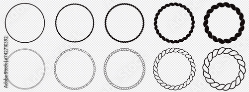 Round rope curve symbol set. Different thickness circular ropes set for decoration. Vector isolated on transparent background. 