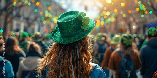 People in green hats celebrating in vibrant St Patricks Day parade. Concept St, Patrick's Day Parade, Celebrating with Green Hats, Vibrant Festivities, Joyful Gatherings, Community Celebration