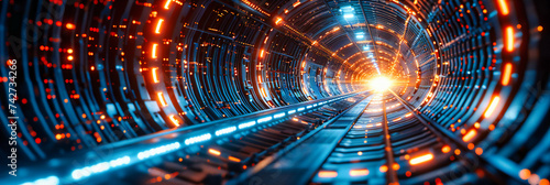 Blue neon light in a futuristic tunnel, symbolizing speed, digital technology, and the journey through a modern space corridor