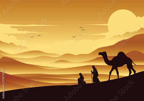 desert and camels. You can use it for Islamic backgrounds, banners, posters, websites, social media and print media. Vector illustration. EPS 10