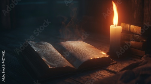 A candle burning in a dark room, casting long shadows over an open journal filled with questions, symbolizing the search for answers within. 8k
