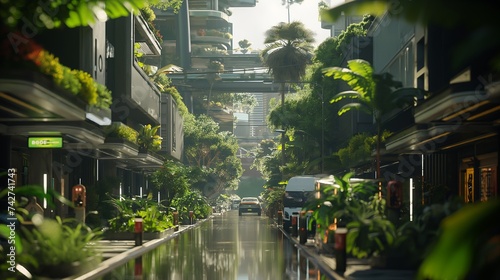 A futuristic city street lined with electric vehicle charging stations, pedestrian paths surrounded by lush plant life, and buildings with green roofs. 8k
