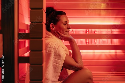 A woman sitting in an infrared sauna room with a towel over her head.